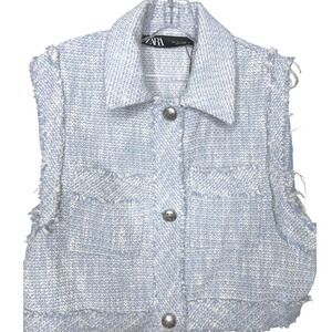 ZARA Light Blue White Tweed Fringe Vest Jacket Size L women New‎ no tags